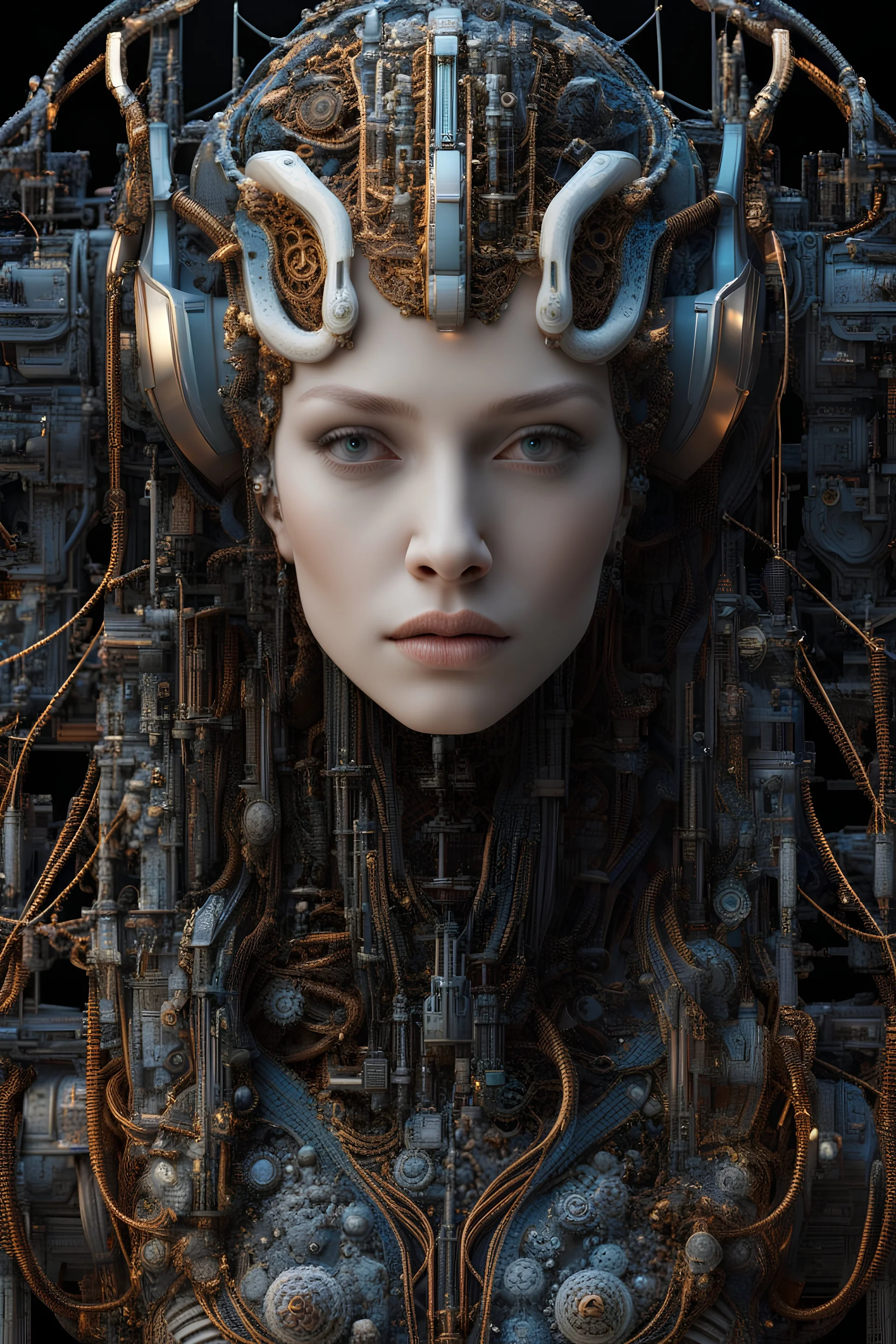 complex 3d render ultra detailed of a beautiful porcelain profile woman android face, cyborg, robotic parts, 150 mm, beautiful studio soft light, rim light, vibrant details, luxurious cyberpunk, lace, hyperrealistic, anatomical, facial muscles, cable electric wires, microchip, elegant, beautiful background, octane render, H. R. Giger style, 8k, best quality, masterpiece, illustration, an extremely delicate and beautiful, extremely detailed ,CG ,unity ,wallpaper, (realistic, photo-realistic:1.37)