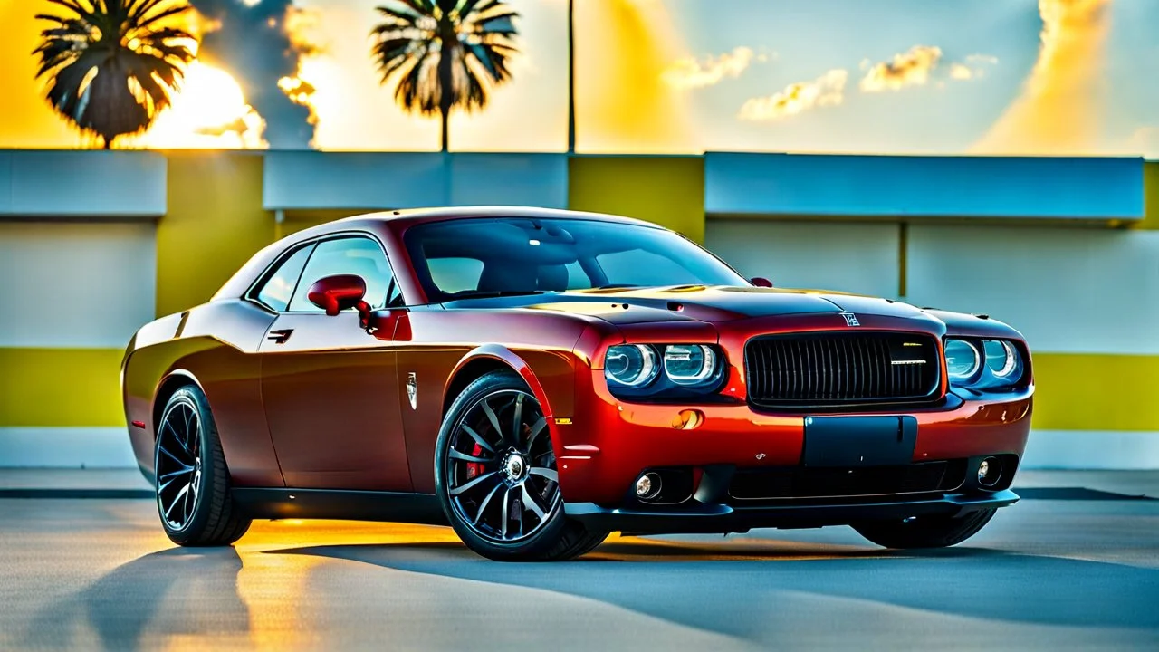A sleek (((a fusion of dodge challenger and rolls royce))), its glossy shell reflecting the (((bright sun))), cutting through a (((clear bright blue morning sky)))