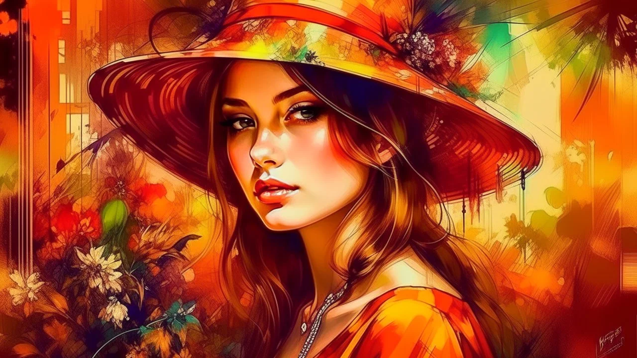 Vintage art, brown and orange shades, sunny day, straw hat for woman, summer dress, splashes of art, in the style of Dante Gabriel Rossetti, Yossi Kotler, Camilla D'Errico, masterpiece, fine art in the style of Carne Griffiths, Paula Hoppe