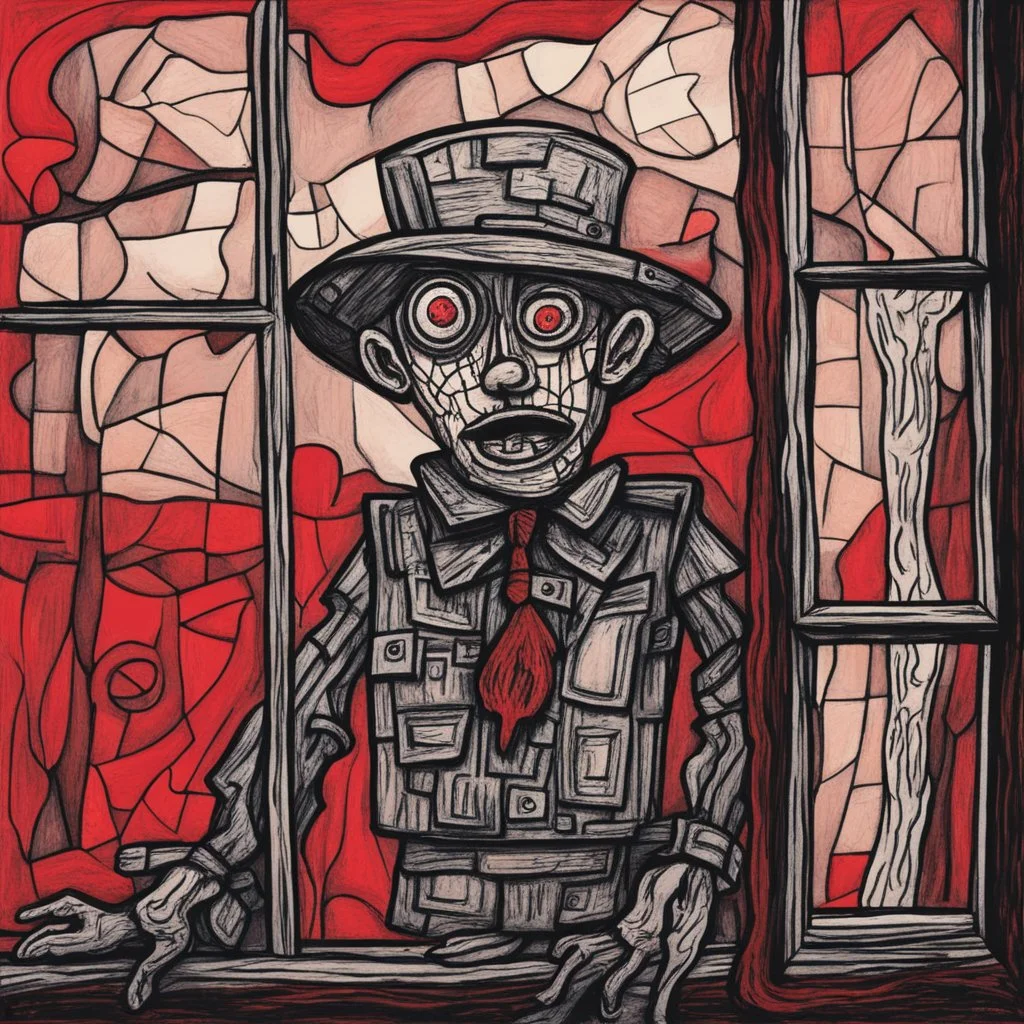 drawing of a scary scarecrow looking in window, dramatic, horror, by Jean Dubuffet, 2D illustration, red hues