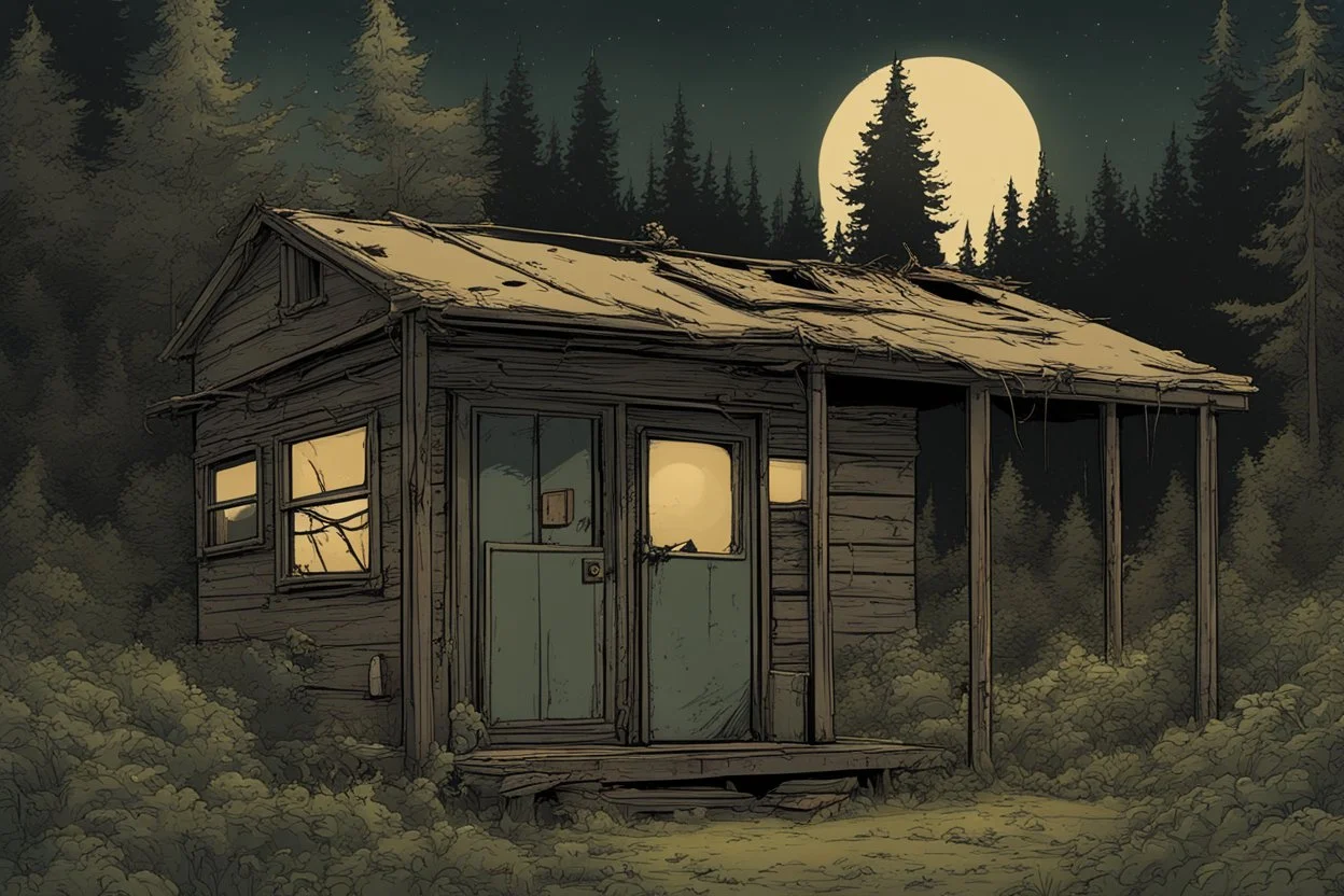 night, administrative camping cabin, overgrown, post-apocalyptic, comic book, camp site signs