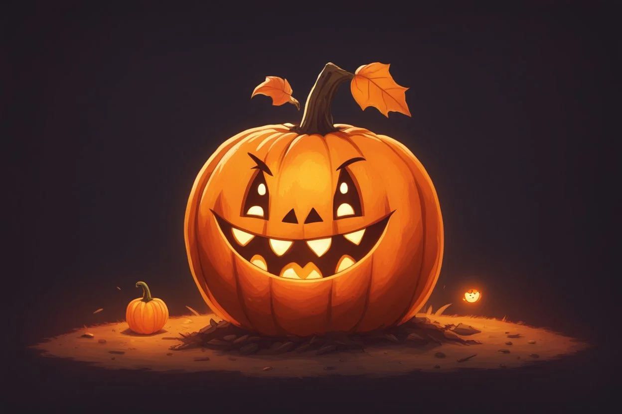 круглая тыква с прорезанной ухмылкой и горящим изнутри оранжевым светом. Маленькое существо в заляпанном землей фартуке, в стиле Stardew Valley