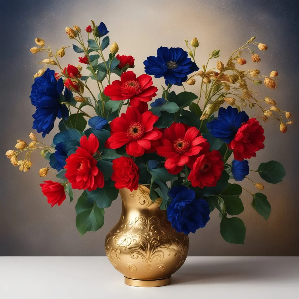 Flowers in midnight blue flowers, red flowers and green leaves in a gold vase. Light background