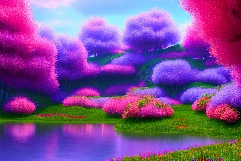 monde en fleurs, blue lake, flower tree-houses, concept art, crépuscule , fuksia bleu oranger, vibrant Color, réaliste, riviere bleu, tree-house bougainvillier, roses