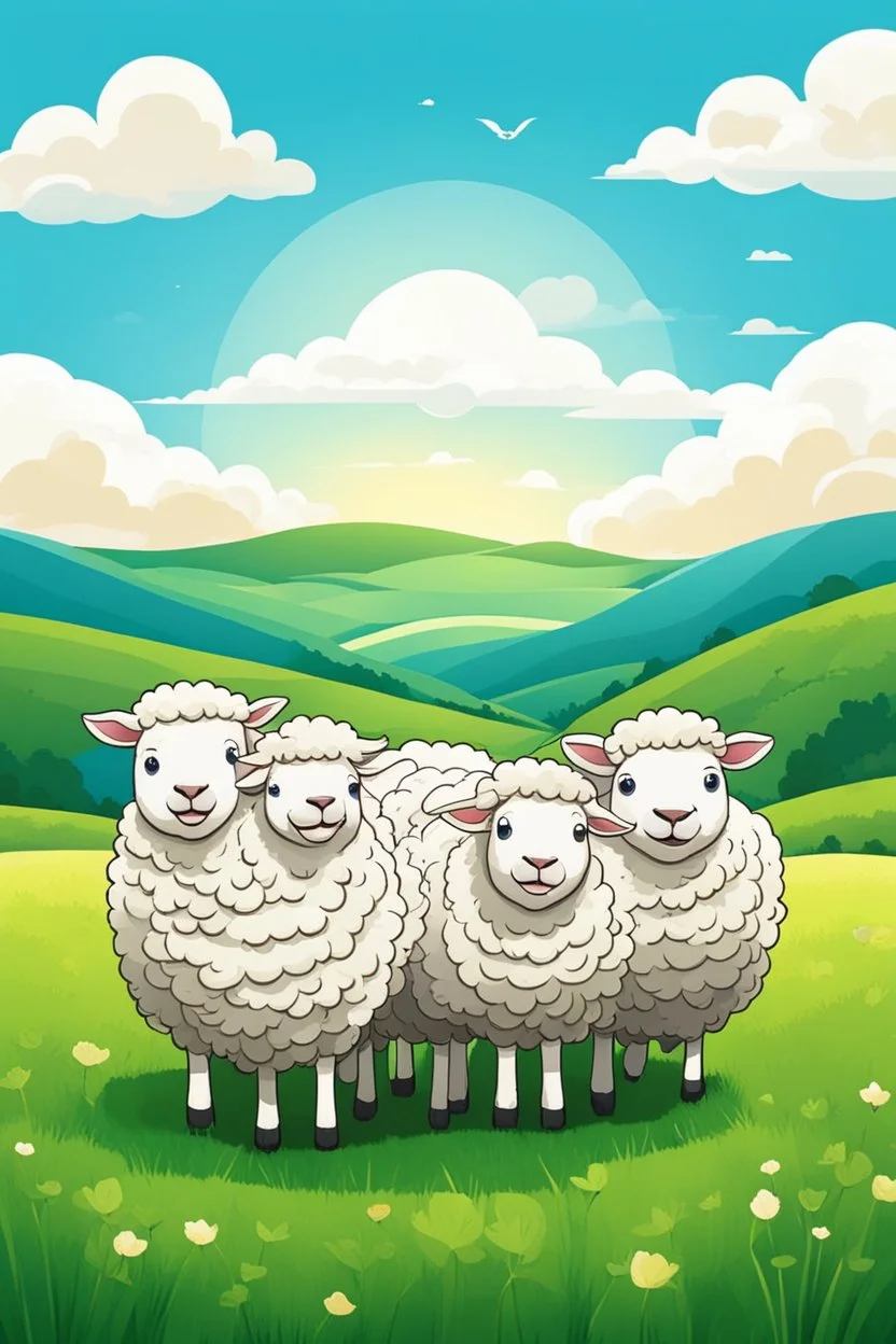 create an image with 4 cute sheep with the typography, happy face "sheep of faith", 2d, cartoon style, chibbi, kawai, a green field and blue sky in the background