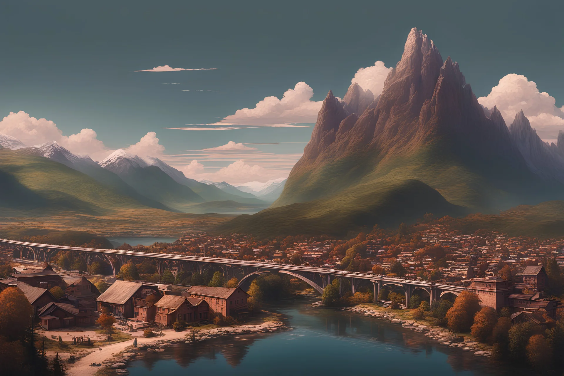 landscape of a small town with no tall buildings at all, next to super tall mountain range, with a tall building dwarfing the mountains far in the landscape of mountains, with hints of mystery. there is also a long bridge going far out of the city, into the mountains, in a photo realism style.