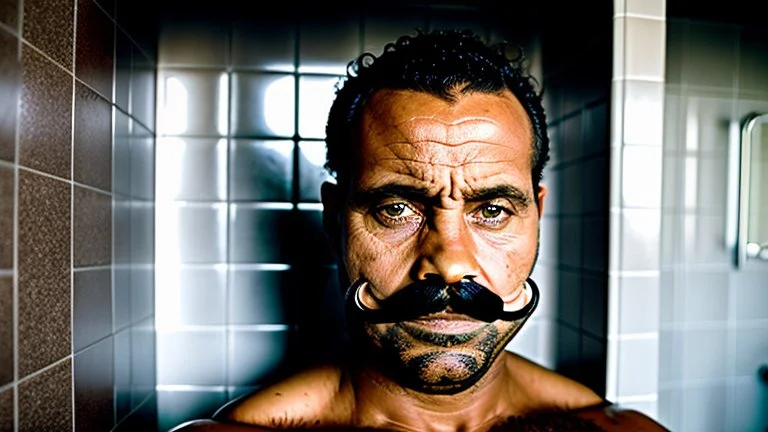 portrait photo of stocky marocan with moustache 40 years old under the shower, manly chest, big tights, in a old bathroom, misery and poverty, photorealism, 35mm lens, ultra detailed