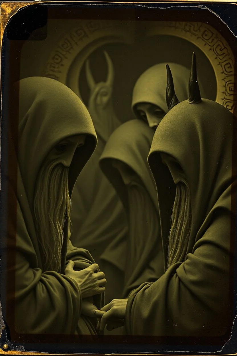 Daguerrotype close up some mysterious figures, odd background, Hieronymus Bosch, ambient light, by Minicavio Quollati and Marlost Endgulp, Botticelli, Alphonse Mucha