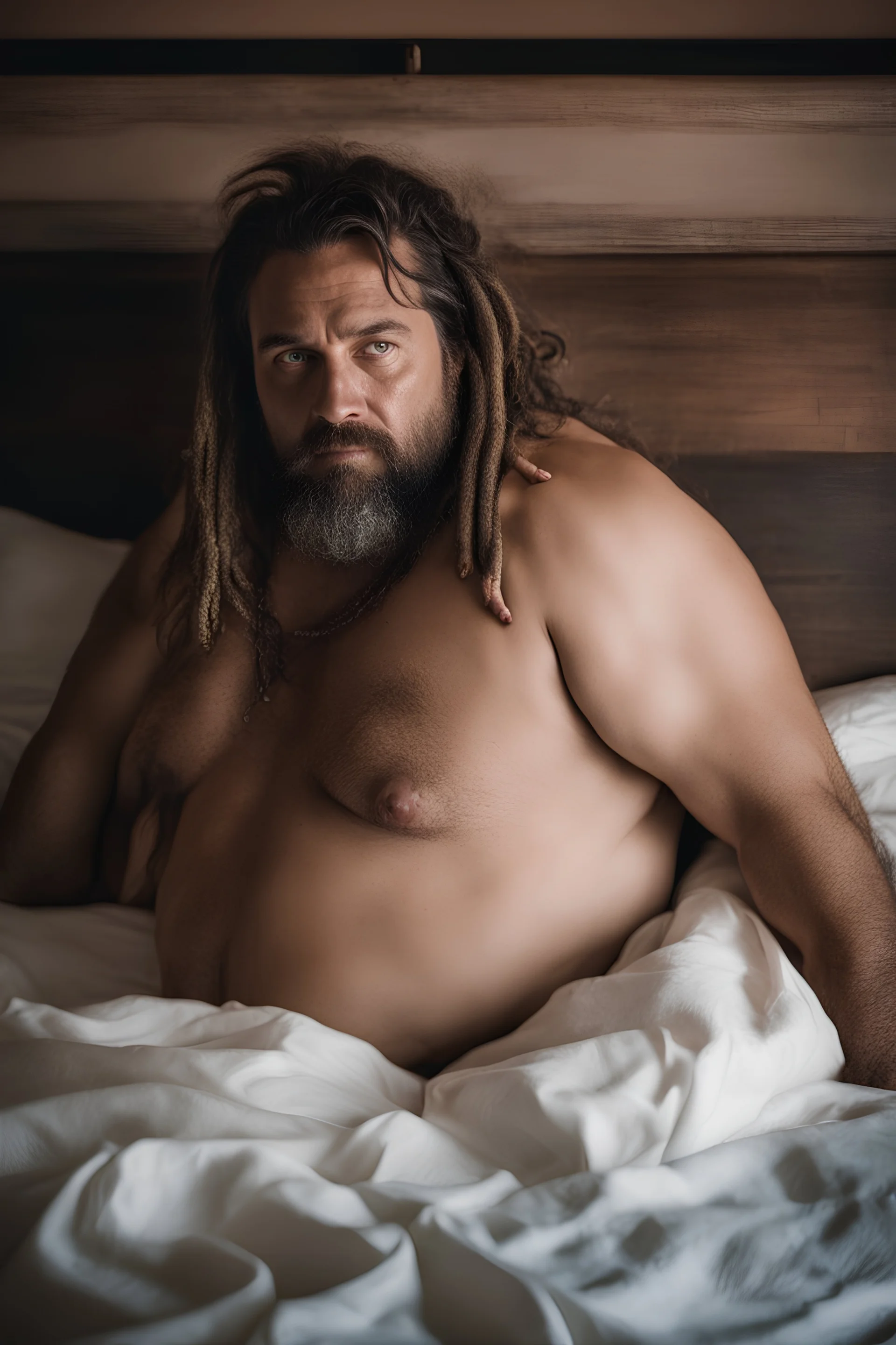 full figure photography, 35mm lens, burly gypsy man with short beard, dreadlocks, 45 years old lying over the sheets over a bed, with hands behind the head, manly armpits, ugly and dirty, manly chest, , big shoulders, strong chubby, manly chest,, with boxer, sad eyes, photorealistic , dim side light, ambient occlusion, in the dark , aerial view