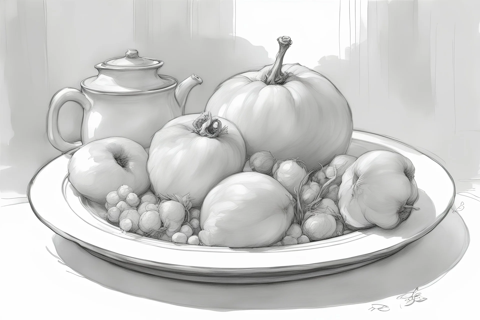 food dish, garnished, , Drawing with a blue ink pen Inspired by the works of Daniel F. Gerhartz, with a fine art aesthetic and a highly detailed, realistic style