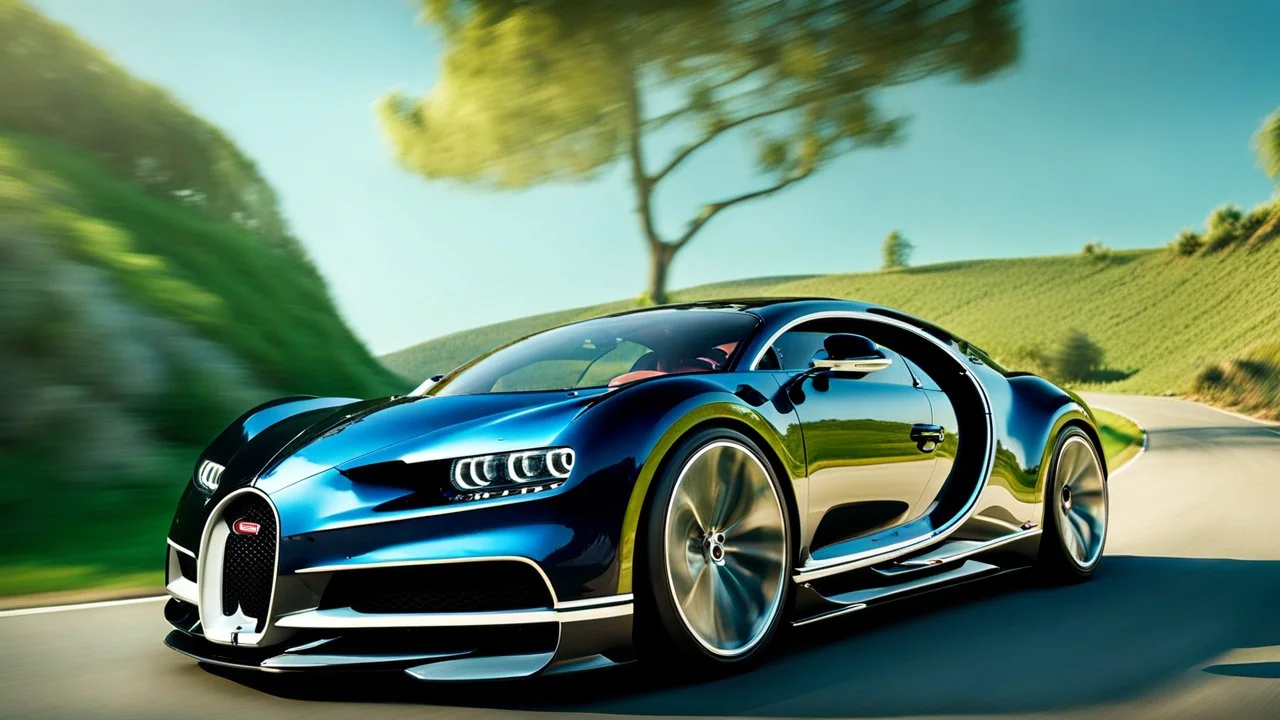 A sleek with livery (((Customized gangsters lowrider bugatti chiron))), its contours and details perfectly captured in a (((cinematic view))), zipping along a winding road under a beautiful blue fresh morning sky