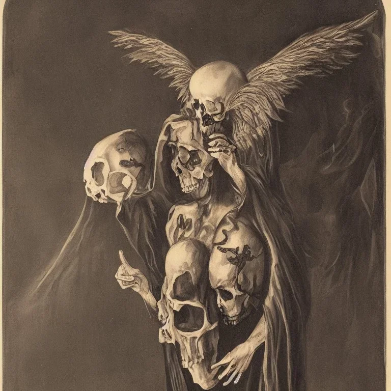 a dark angel with a skull head in s hooded robe with wings