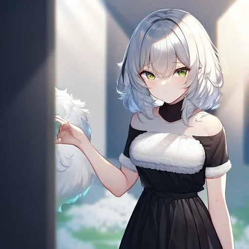 Clear focus, High resolution, light grey short hair, dark green eyes, wearing a black t-shirt and black skirt, fluffy hair, detailed outfit, really fluffy hair