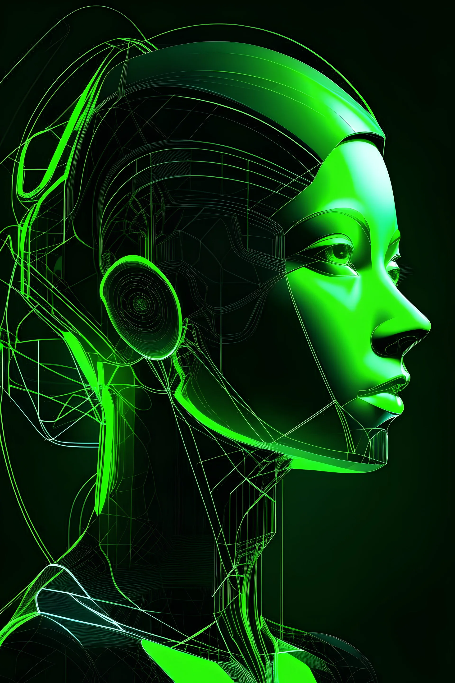 "Generate an abstract profile image that fuses futuristic and natural elements in a monochrome palette with neon green highlights. Focus on innovation and universal connectivity, avoiding any human-like or gender-specific features. This design should evoke a sense of harmony and complexity, inviting viewers to explore the depth of abstract thought and the beauty of interconnected ideas."