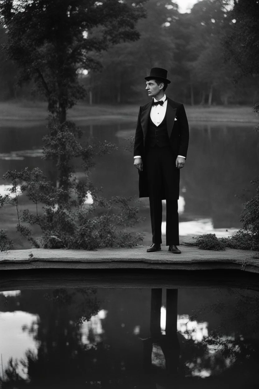 [vintage] A man in tuxedo around a pond