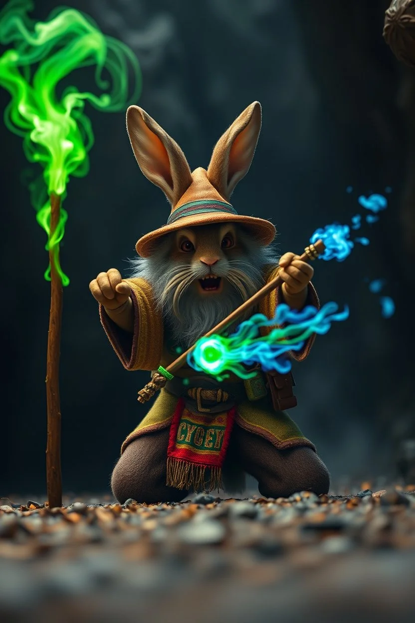 big fast killer Gandalf bunny in background, magic swirl, strong winds, true grit, reggae rasta native stand off fast draw poncho cowboy wizard on knees hurt punching green and blue fire ball whip while taking sight wand slinger, in dark cave ,bokeh like f/0.8, tilt-shift lens 8k, high detail, smooth render, down-light, unreal engine