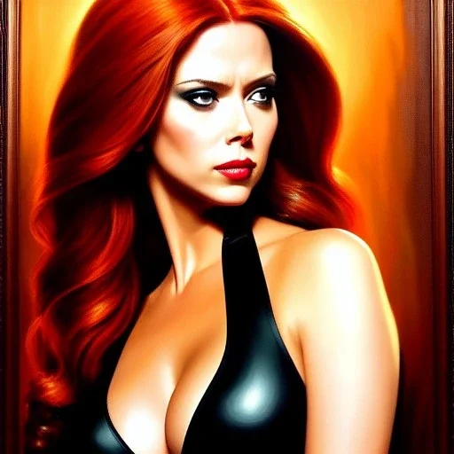 portrait of beautiful busty Natasha Romanoff (Black Widow) painting by Brom , oil on canvas, cinematic composition, extreme detail,fit full head inside picture,8k