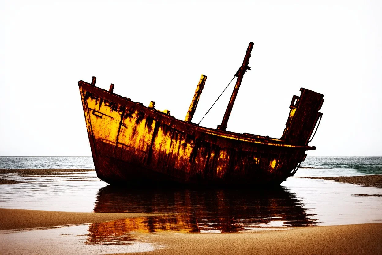 small fishing boat shipwreck on shore, wet ink paint, splash art, tint leak, absurd geometry, (weird:1.95), surreal, (crazy:2), (deconstruct:1.89), great verticals, great perpendiculars, bold warm rusty brown and drab and beige colors