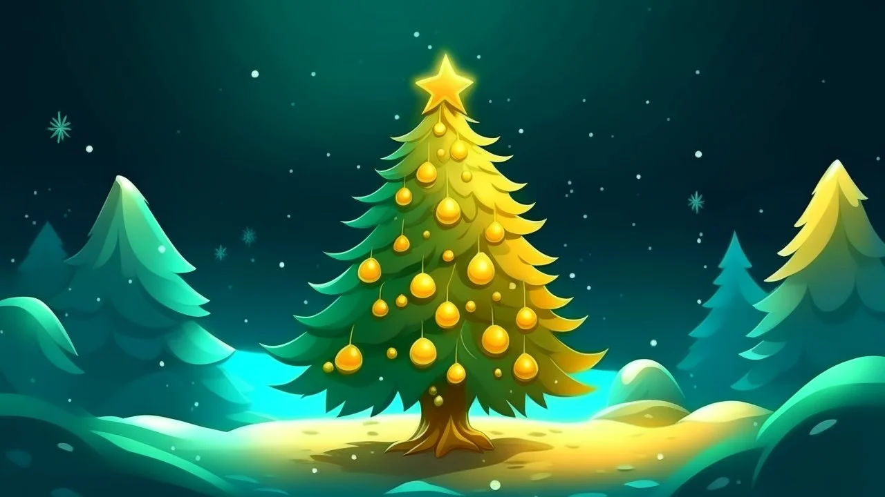 fantasy cartoon style illustration: a golden star on top of the decorated Christmas tree, in the snow