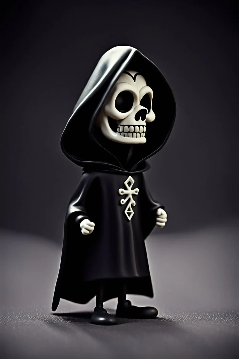 1950s goofy vinyl toy of a skull face character wearing a black hooded cloak, drawn in a early animation rubber hose animation style, inside a lighter diamond shape on a black background, monochromatic