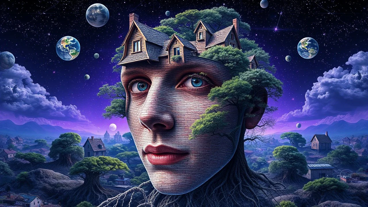 A hyper-detailed, surreal photographic composition blending impossible geometries with organic elements. At the center, a fragmented human face emerges from a village landscape, its features dissolving into: Architectural absurdity: Floating cottages with lace-like brickwork Celestial interference: Constellation patterns etched into skin pores Natural surrealism: Trees growing through eyeballs, roots forming mathematical fractals The scene glows with an eerie luminescence (deep indigo to violet