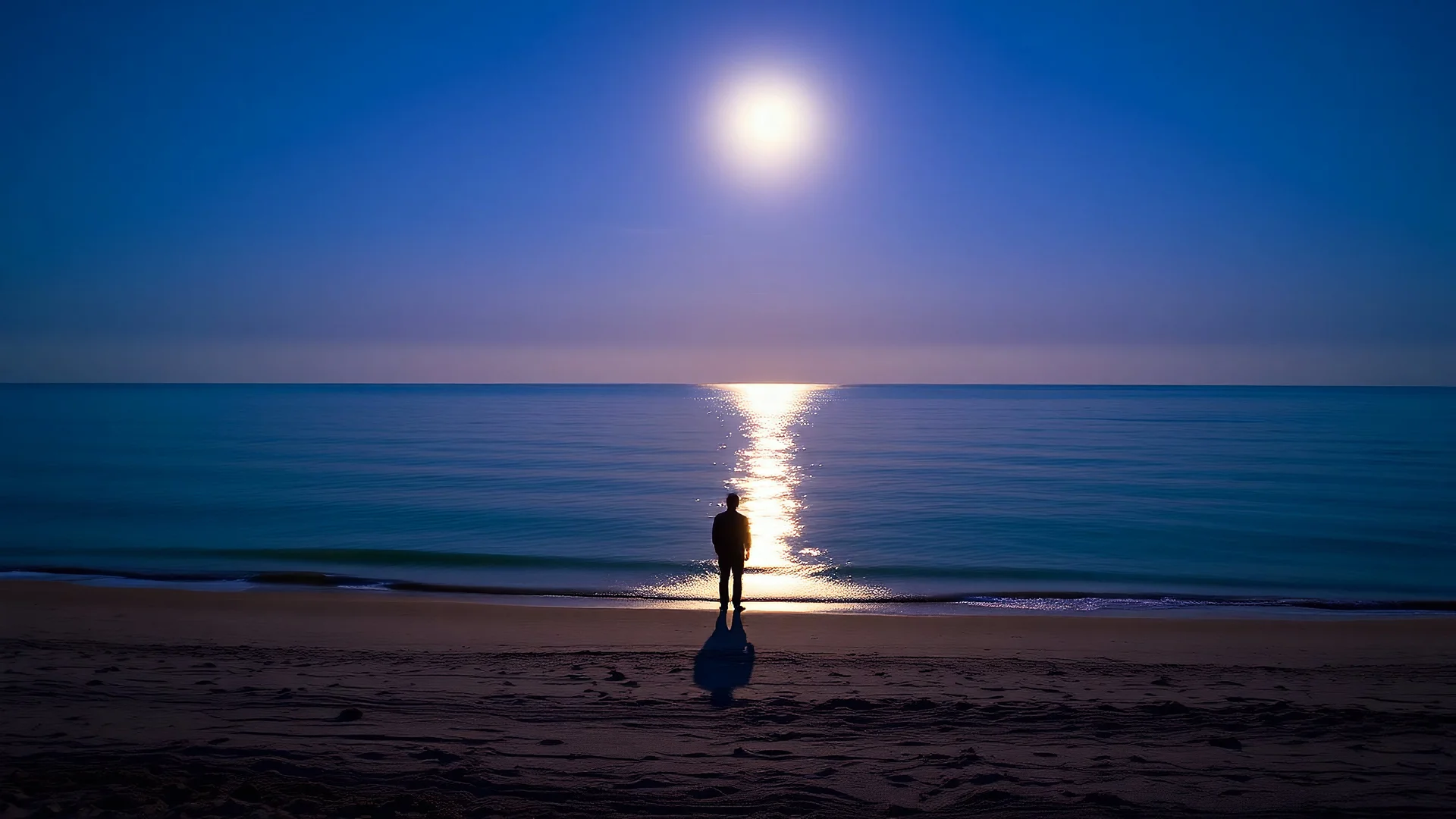 A solitary figure stands on a tranquil beach under a twilight sky, illuminated by the moonlight reflecting on calm waters, creating a serene and contemplative atmosphere.