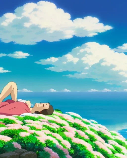 Cosy zen garden during summer, girl laying down on the floor staring at the blue sky, anime style