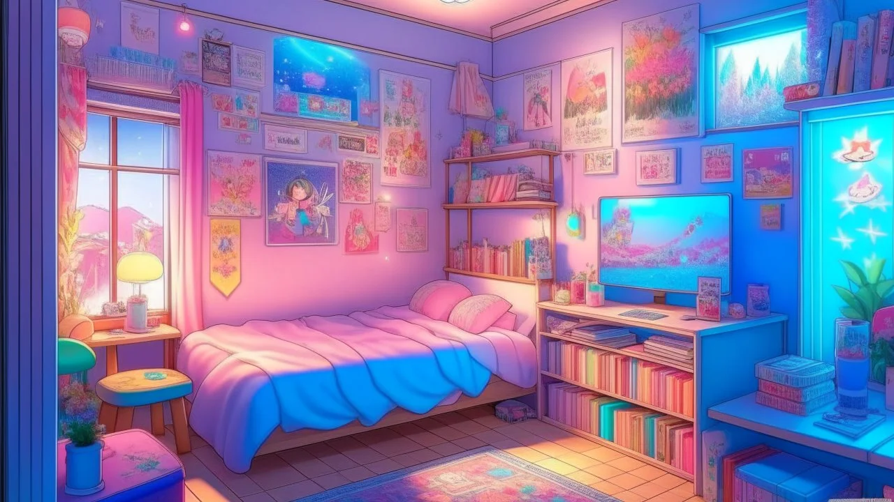 a drawing of the girl's room is adorned with neon and light up posters, in the style of pastel, anime aesthetic