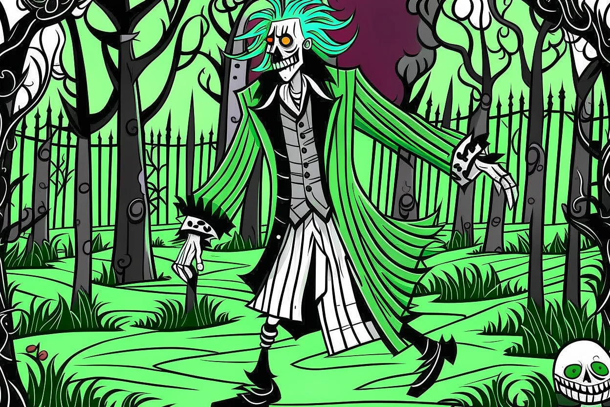 Halloween Beetlejuice style in color in the graveyard dancing