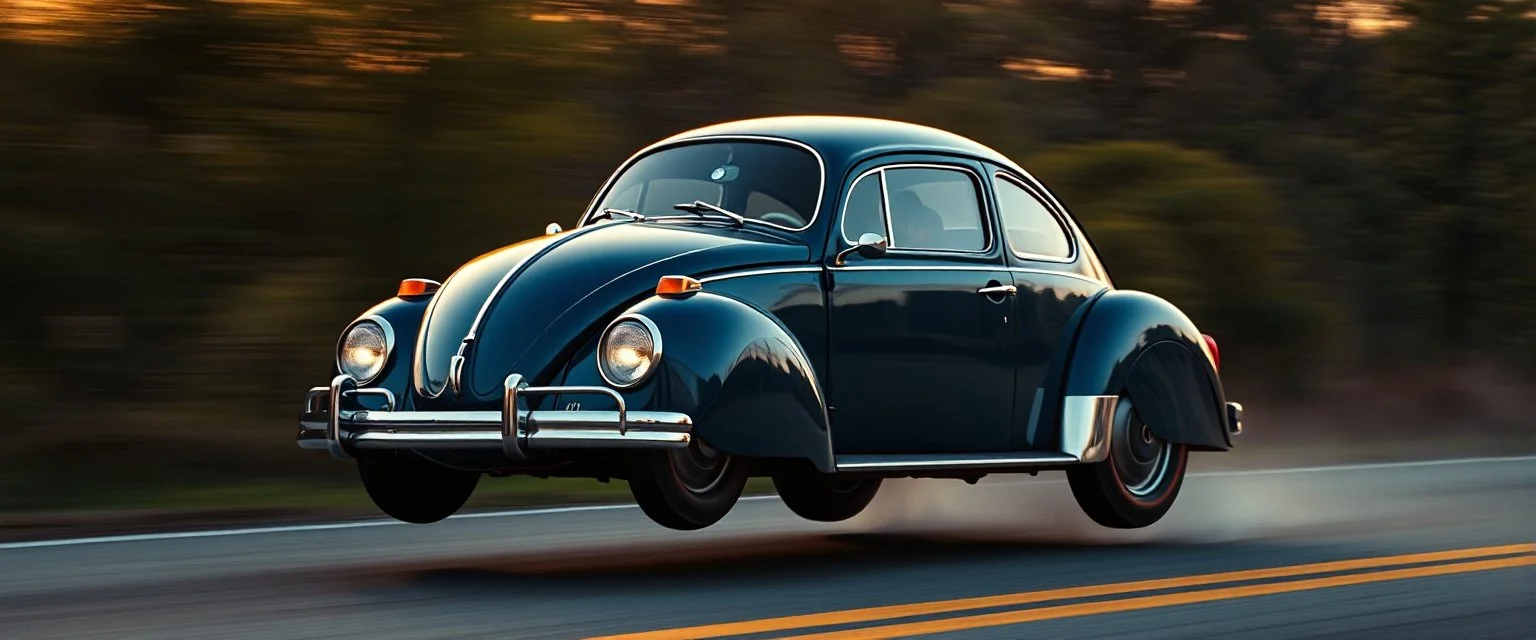 a high definition screen shot of a jet-fighter vw-beetle, retrofuturistic, phototrealism, in flight, one subject,