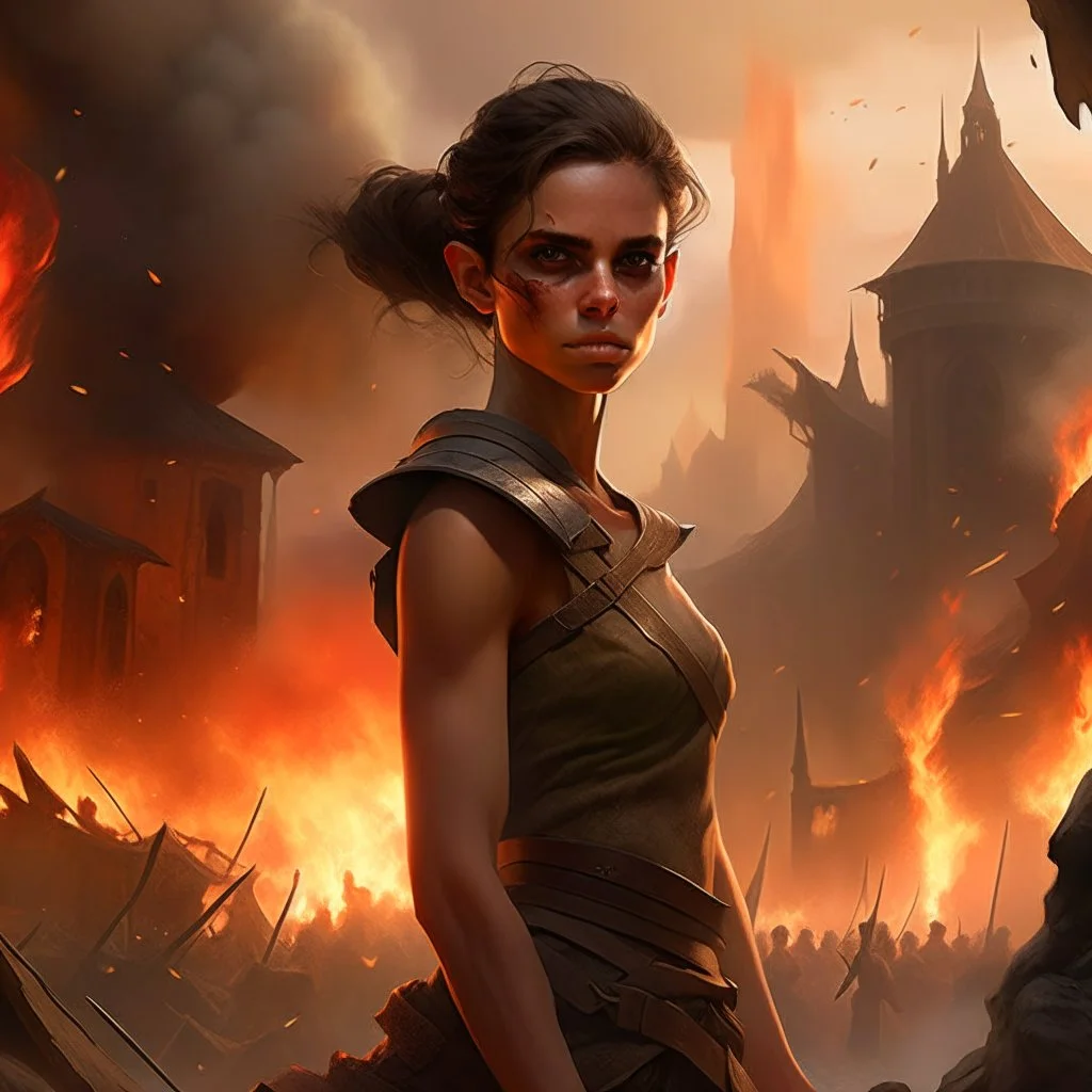 a dark haired tiefling woman in a sleeveless battle outfit, a face like emma watson, amidst town ruins with fires burning, photo quality