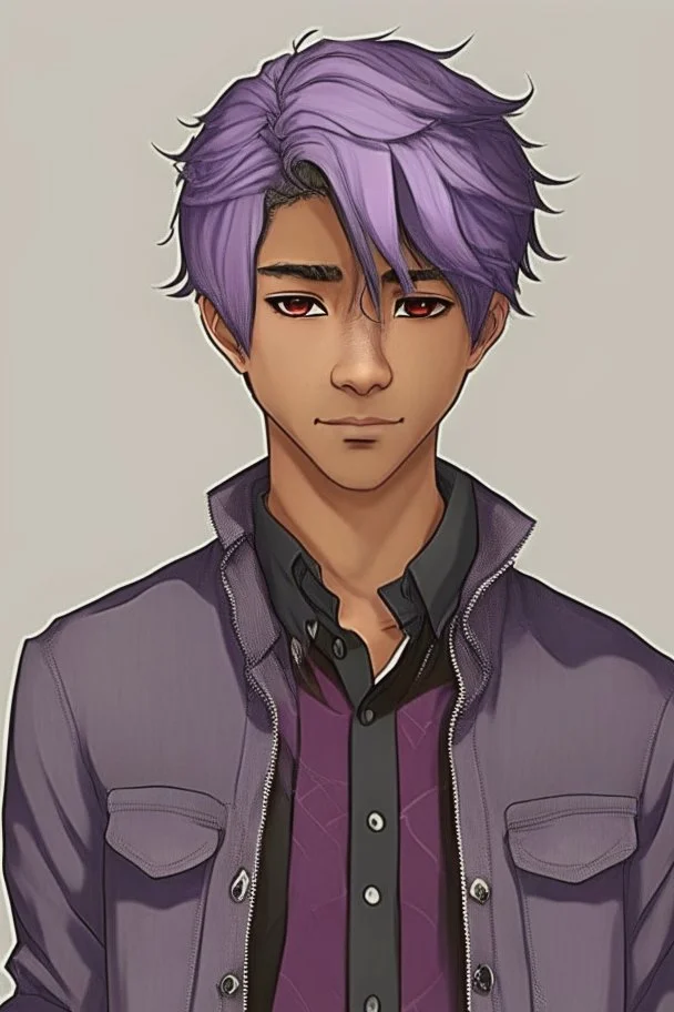 Light brown skin, red eyes, straight short purple-grey hair, black clothes, round face, young adult