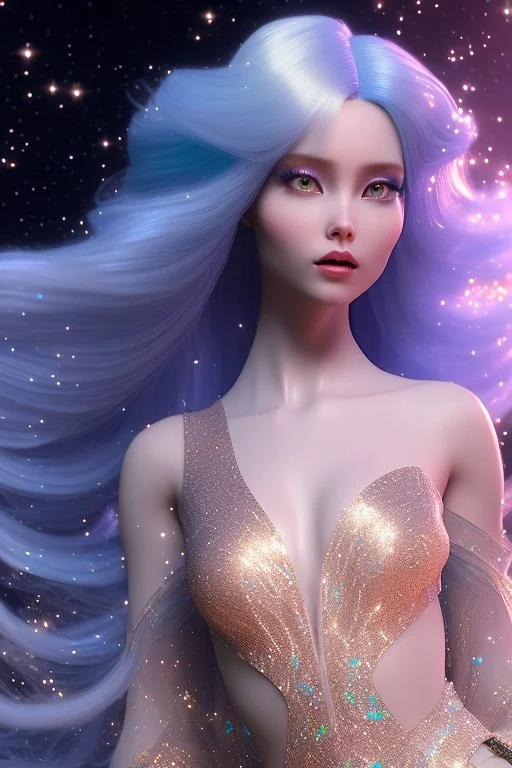 woman glitter blue fairy in a galactic ambiance, long blue hair, detailed gorgeous smile, delicate colors in the foreground, full of details, smooth, light effect，vaporwave colorful, smooth, extremely sharp detail, finely tuned detail, ultra high definition, 8 k, unreal engine 5, ultra sharp