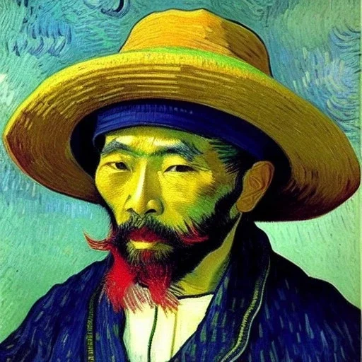 Portrait of OLd japanese Fishermen, wearing bucket hat, long beard, by Van Gogh 8k