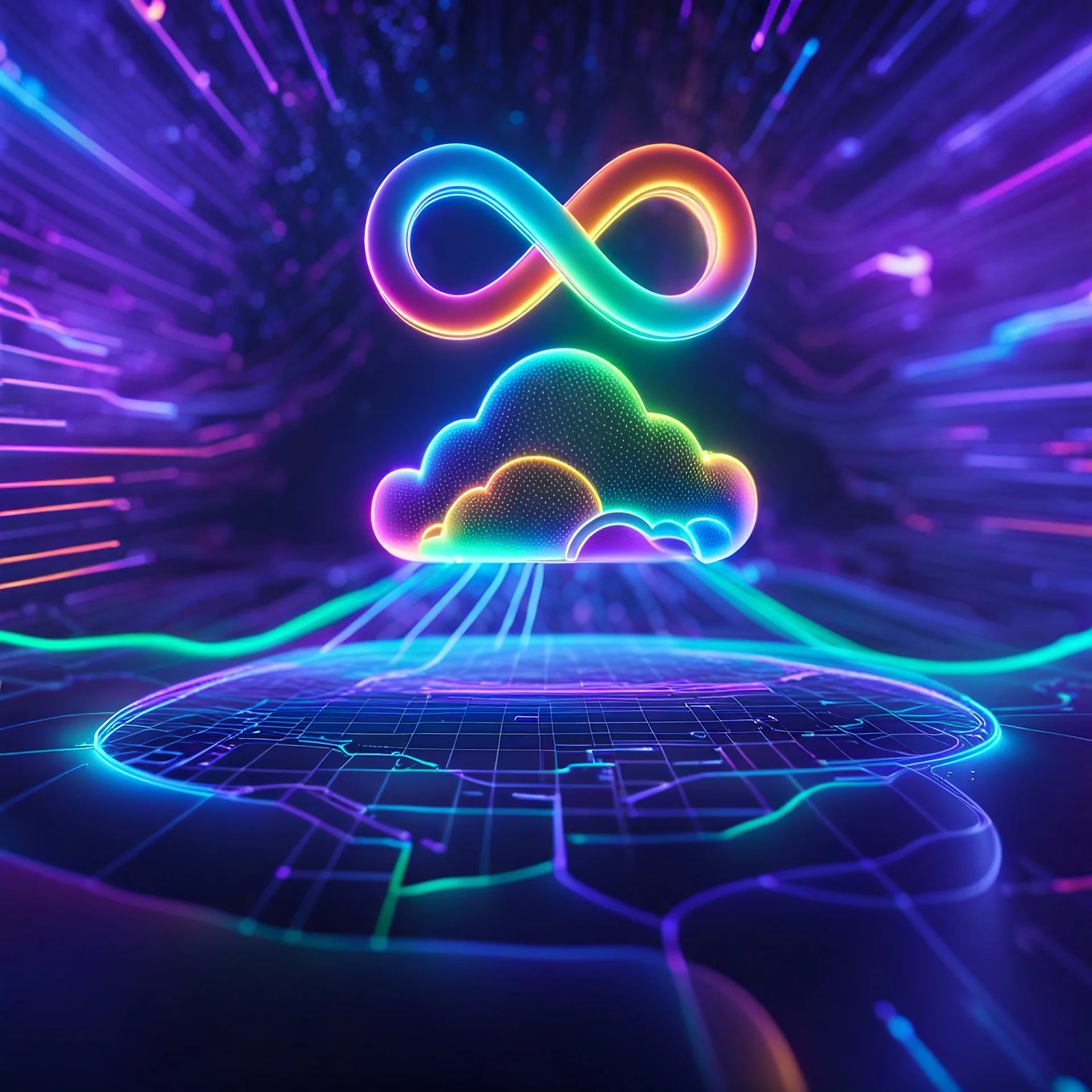 Colourful 3D glowing infinity symbol ∞, hovering above a colourful glowing cloud, network and lights coming from the cloud onto a futuristic map of the globe, inspiring, neon, glowing, friendly, beautiful, octane render, 8k post-production, artstation: award-winning: atmospheric: commanding: fantastical: clarity: 16k: ultra quality: striking: brilliance: liquid medium: stunning colors: amazing depth; lens: f/8, 28mm