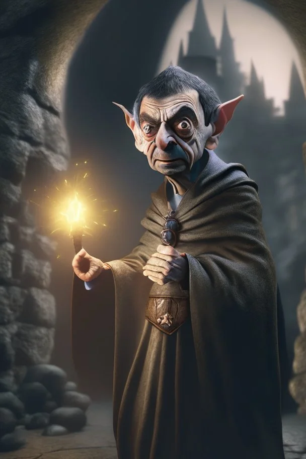 photorealistic, mr bean as robed goblin shaman wielding morning star in dark stone castle, 4 k, trending art, depth of field, volumetric light