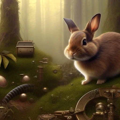 Forest in steampunk rabbit, extremely detailed, UHD, 8k,The close-up camera effect,sharp focus,perfect,position,hyperphotorealistic