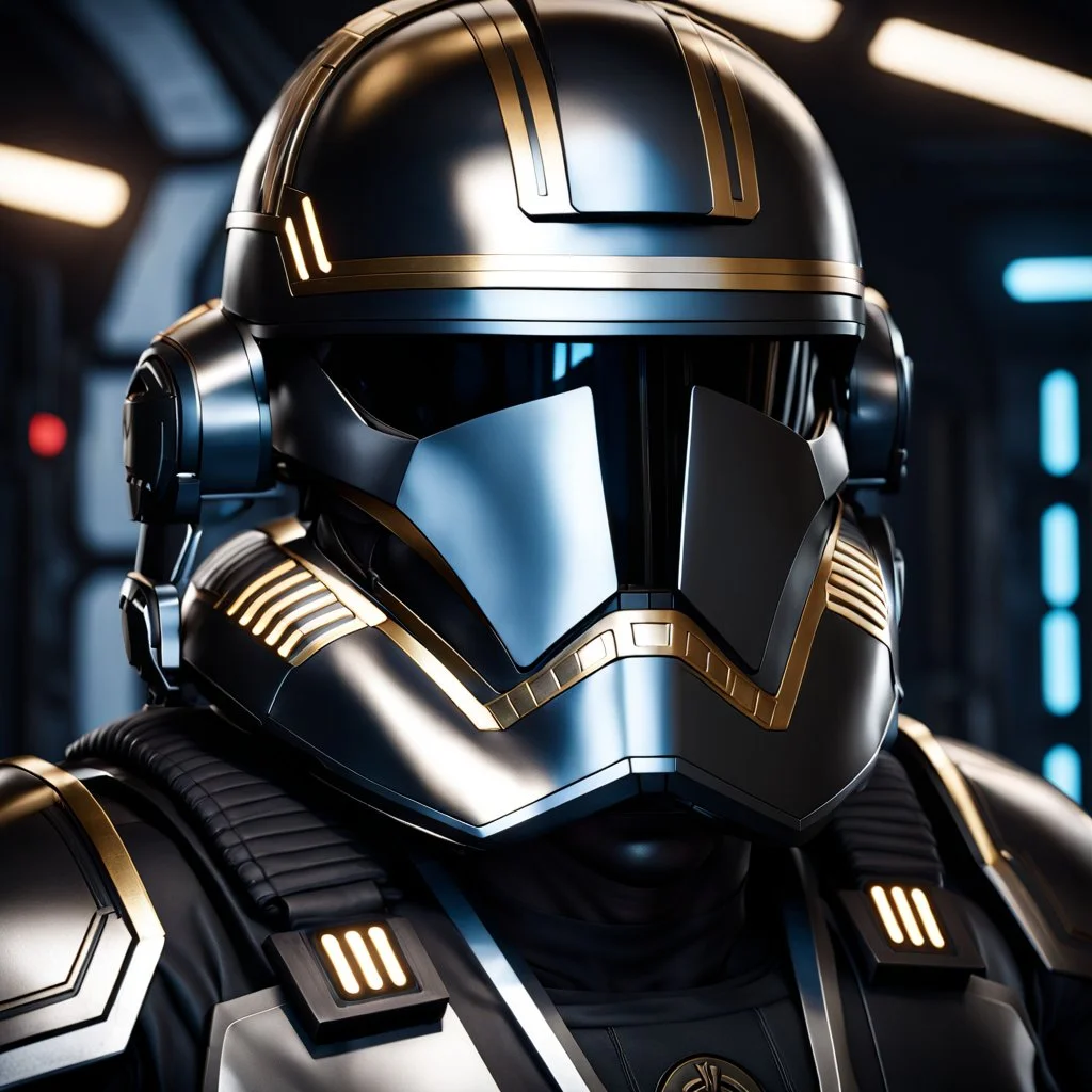 star wars bald male corellian pilot wearing pearlescent black and gunmetal grey First Order special forces heavy assault stealth commando armor and helmet with gold trim inside the jedi temple, hyperdetailed, dynamic lighting, hyperdetailed background, 8k resolution, volumetric lighting, light skin, fully symmetric details