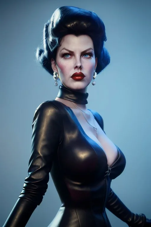 Lana Turner as evil queen in black leather, leather, busty, cleavage, angry, stern look. character design by cory loftis, fenghua zhong, ryohei hase, ismail inceoglu and ruan jia. unreal engine 5, artistic lighting, highly detailed, photorealistic, fantasy