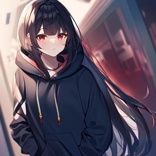 Clear focus,High resolution, black long hair, Vibrant red eyes, Emo style, Hoodie