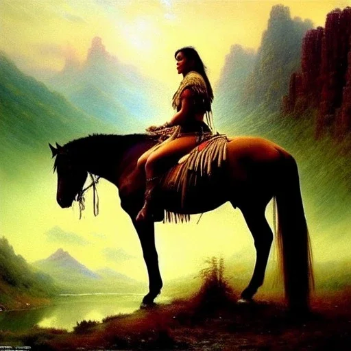 Drawing of beautiful face extra busty apache female warrior on horse,forest,river,mountains,ancient leather armor, balanciaga fashion clothe painting by gaston bussiere, greg rutkowski, yoji shinkawa, yoshitaka amano, tsutomu nihei, donato giancola, tim hildebrandt, oil on canvas, cinematic composition, extreme detail,fit full head inside picture,16k