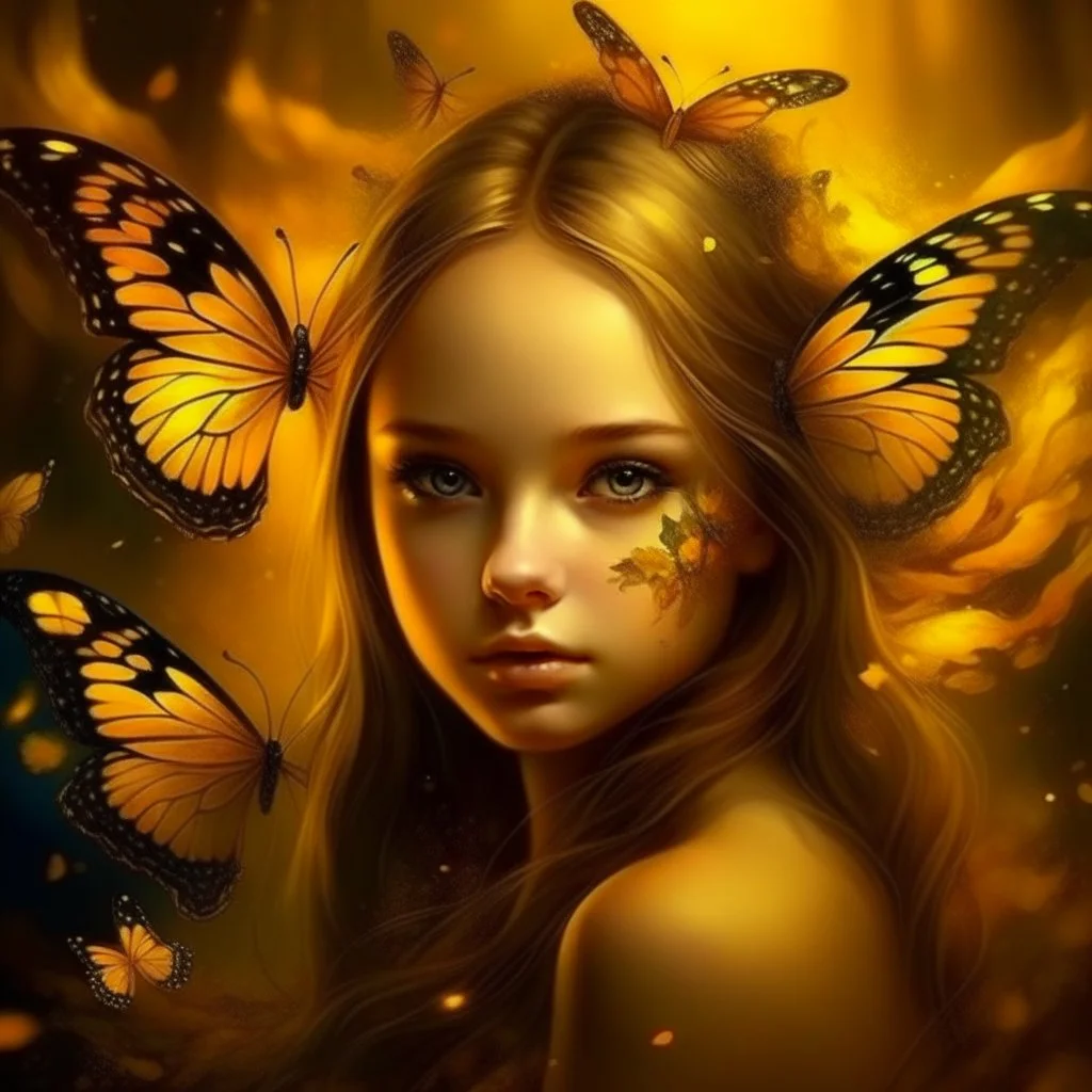 A beautiful young girl in the form of a butterfly flying in golden yellow, a wonderful fantasy scene, attractive and eye-catching, with a distinctive royal character.