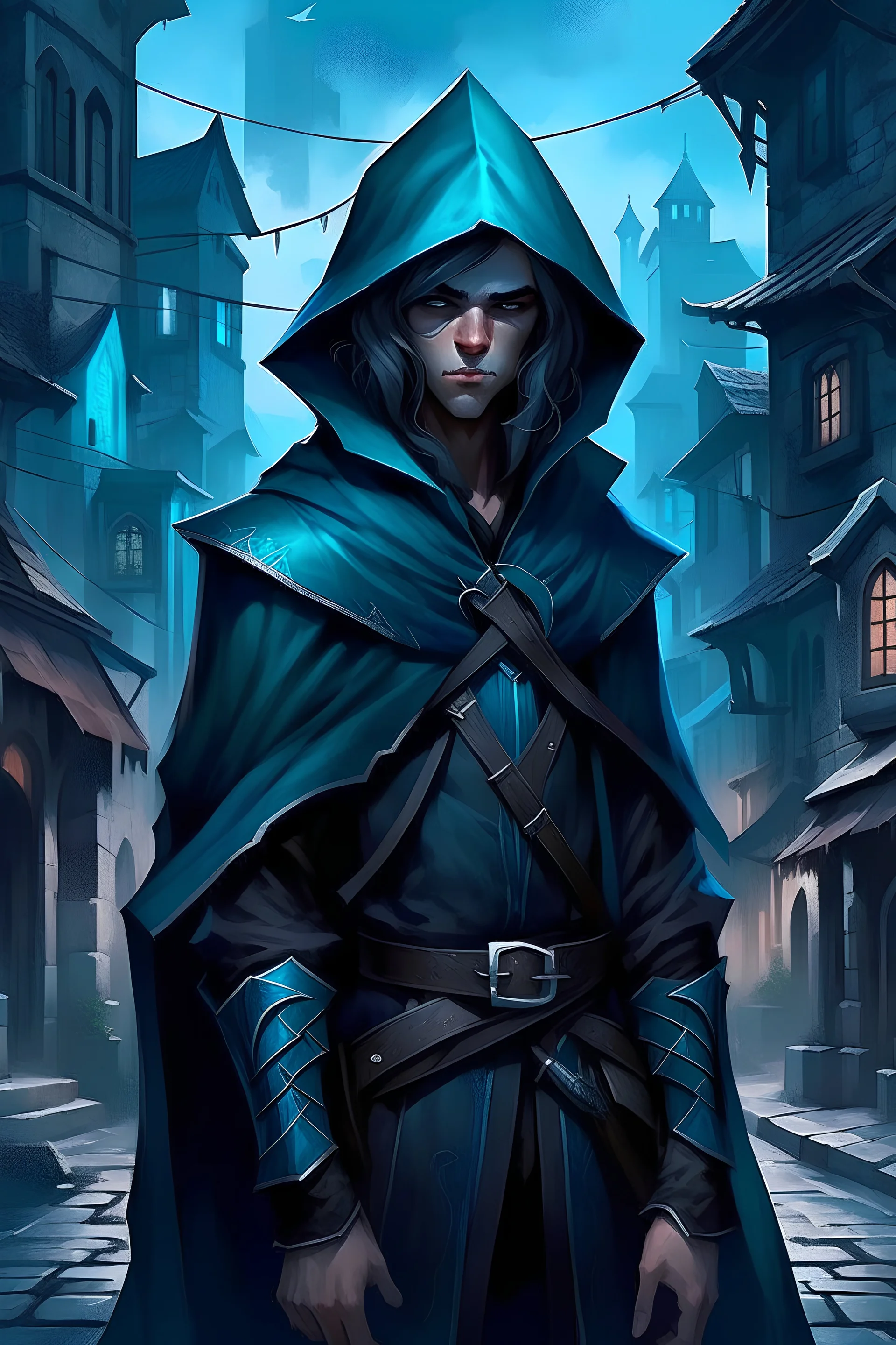 young male rogue in the city darujistan from malazan tales of the fallen, at night. the only light is blue from gas lamps on the street. the lamps give blue light. the rogue wears black clothes with a tight hood and no loose hanging cloth