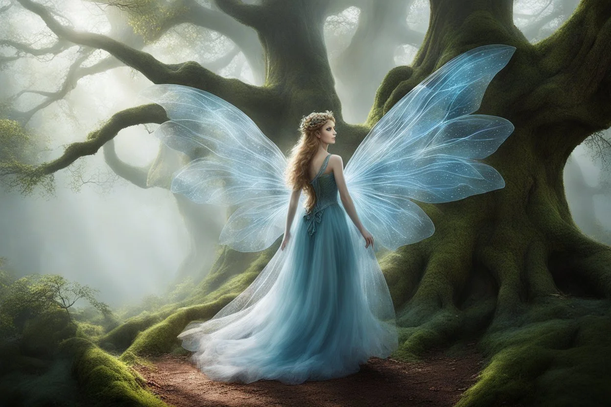 Fiona, the faerie, emerges from behind a gnarled oak tree, her presence as ephemeral as the wisps of mist that dance through the forest. She is a vision of ethereal beauty, her form petite and delicate, her wings barely noticeable—a pair of small, translucent appendages that flutter delicately as if they were made of gossamer. Her eyes, the color of emerald leaves kissed by the morning dew, sparkle with an ancient wisdom that seems to pierce through the very fabric of your being. But it is her w