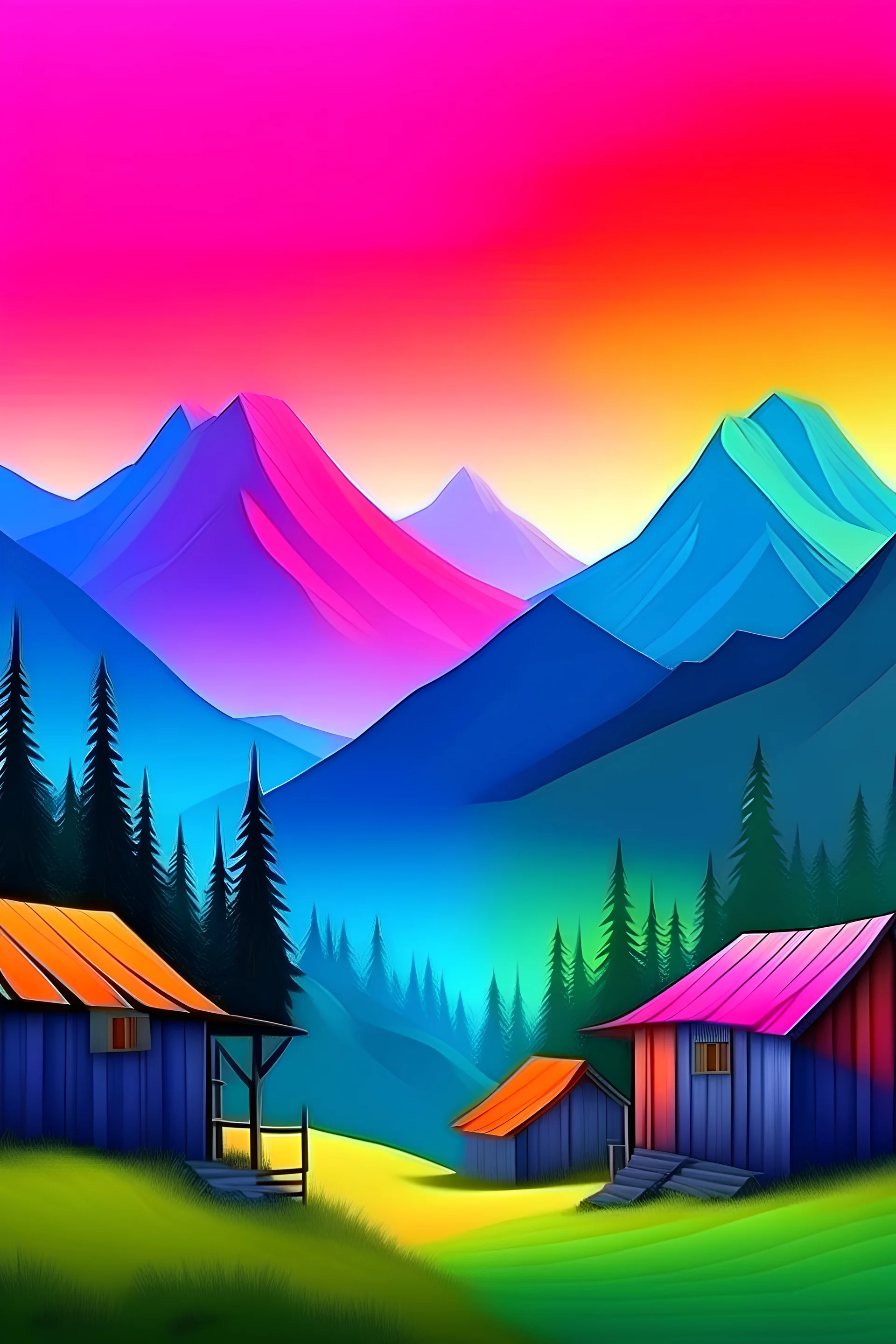 create realistic image of mountains with colorful huts with time of sunrise and beautiful trees