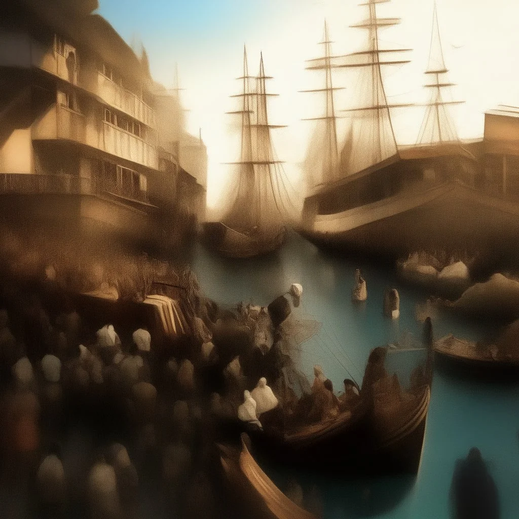 tropical crowded 18th century harbor digital art realistic