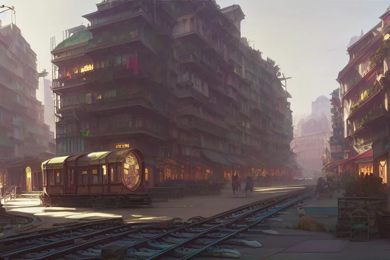 Hanoi train+train+corner building +A greengrocer in colorful genoa street+Italian medieval town +Italian city sea+alphonse mucha, greg rutkowski,matte painting, cryengine, hyper detailed, felix kelly, fantasy art, seb mckinnon