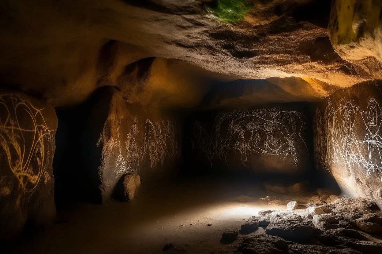 A cave with aboriginal petroglyphs painted