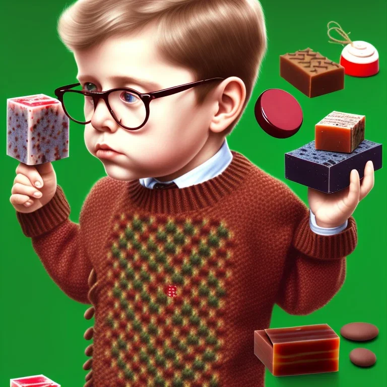 peter billingsley chubby with glasses, holding a ((Dark red))soap bar, ((brown))argyle sweater