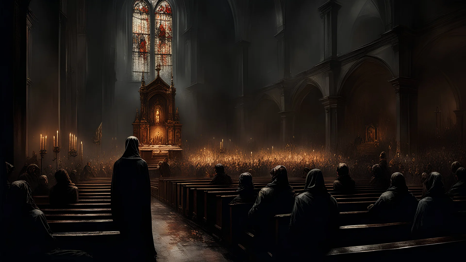 screaming crowd in a gloomy Russian church, disorder, candles along the walls, post-apocalypse, thick black pencil, Raymond Swanland & Alyssa Monks & Anna Razumovskaya